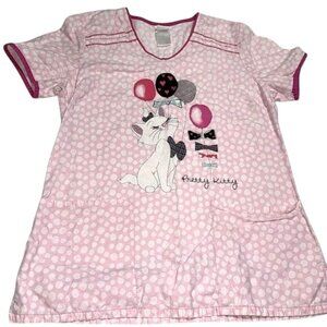 Disney Womens Pretty Kitty Pink Polka Dot Scrub Top XS 100% Cotton